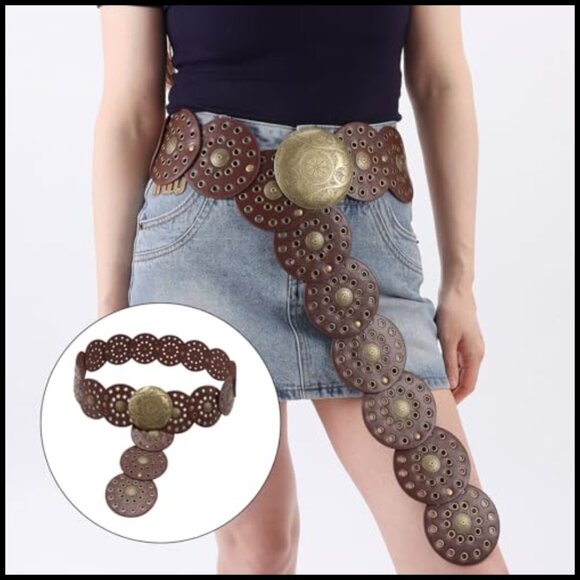 Vintage Western Wide Disc Belt Adjustable Boho Chic Metal Buckle Statement